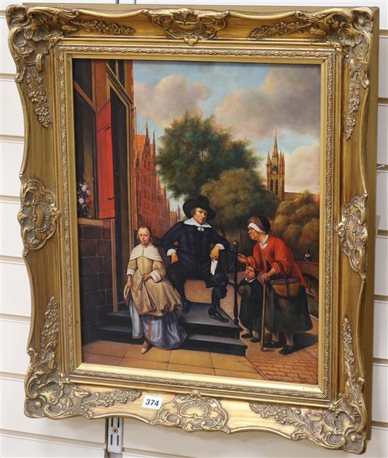 Continental School (20th century), oil on board, Dutch-style town scene with a gentleman